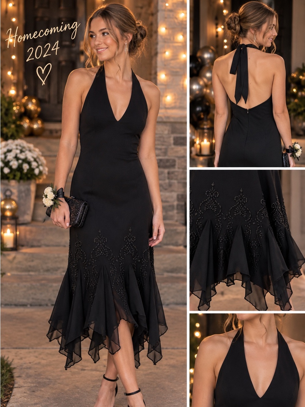 Vintage Y2K SL Fashions Black Beaded Halter Handkerchief Dress Size 8